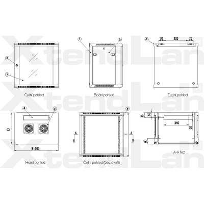 ný, XtendLan WS-6U-64-BLACK - Rozvaděč, RACK 19", na stěnu, 6U, 600 x 450, skleněné dveře, kouřové sklo, černý
